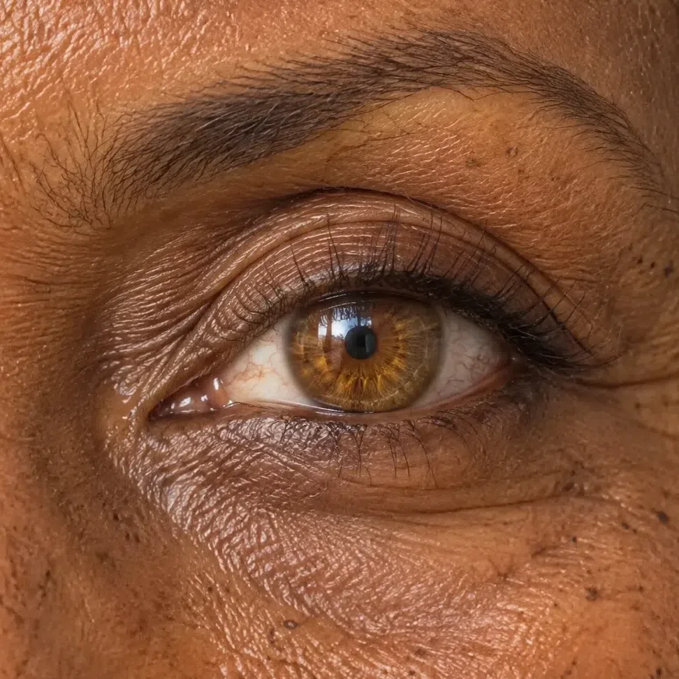 A glowing honey-amber Warm Autumn eye set in deep brown skin