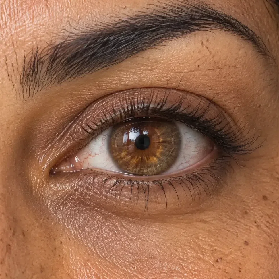 A tea-and-cognac brown Warm Autumn eye, light enough for gold flecks to show
