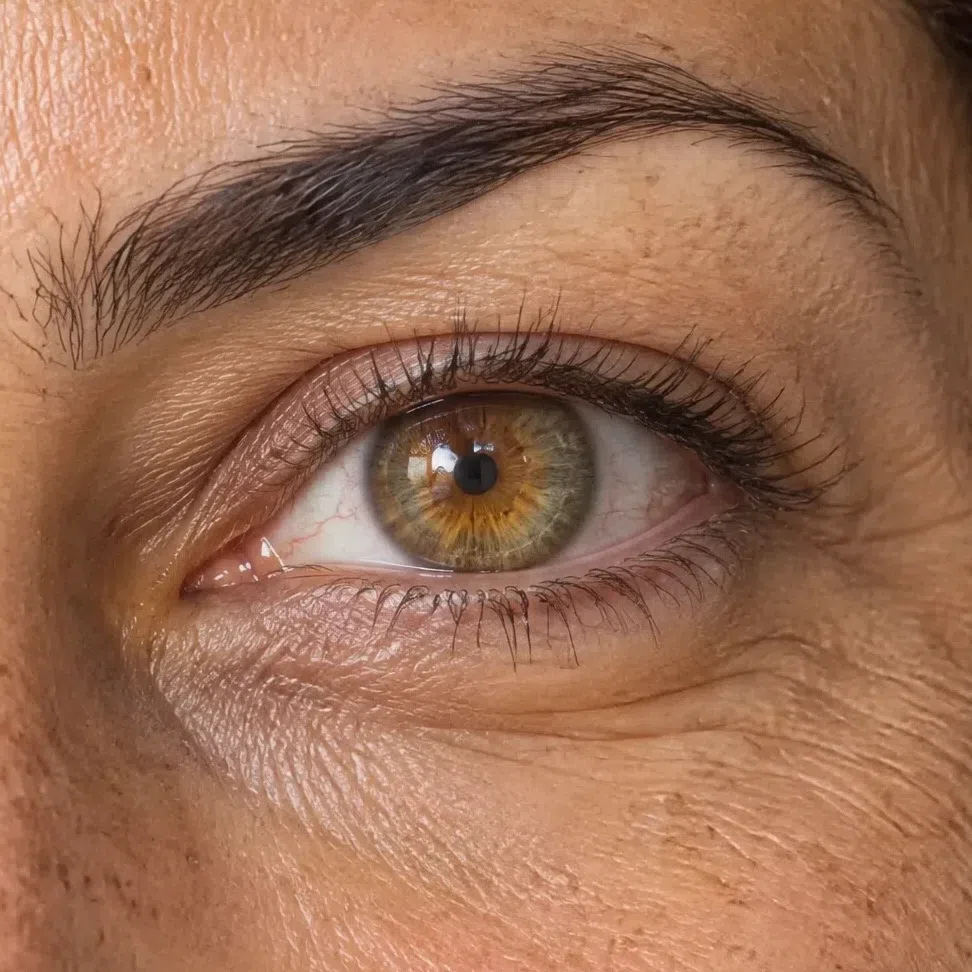 A hazel Warm Autumn eye, green and light brown woven together with gold at the center