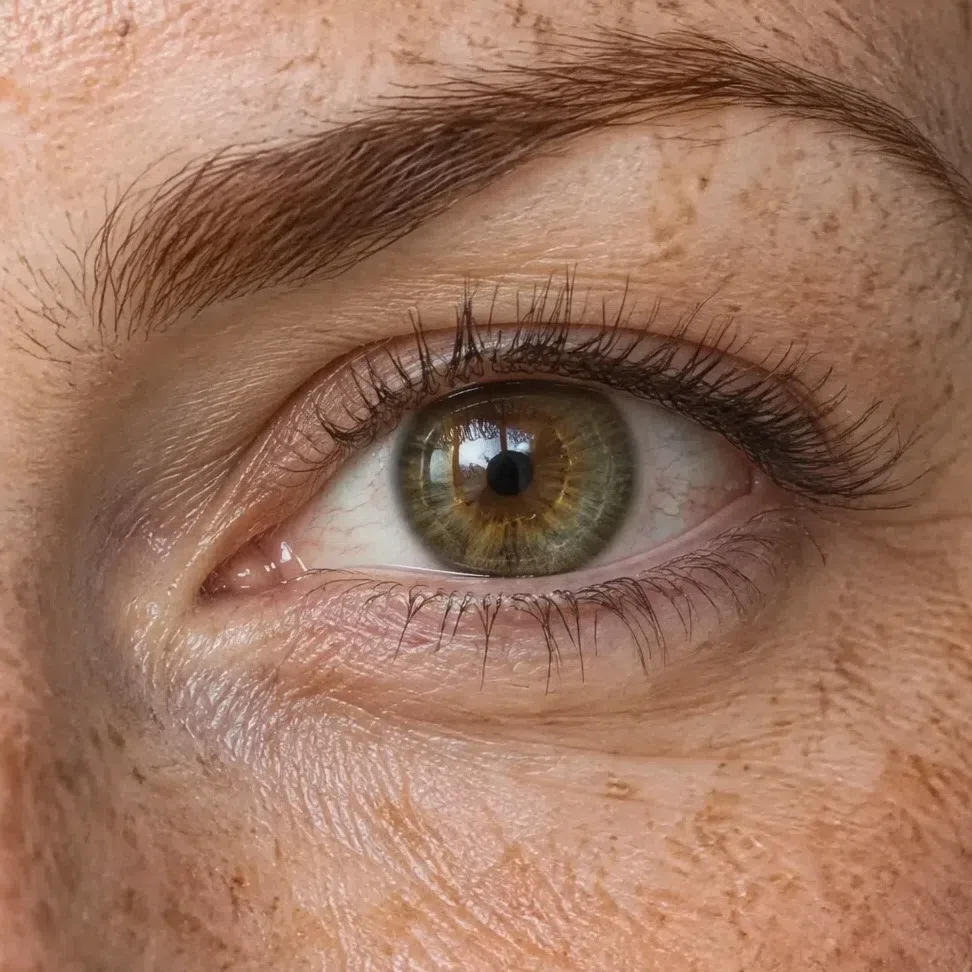 Macro of a layered moss-green iris in fair, freckled skin