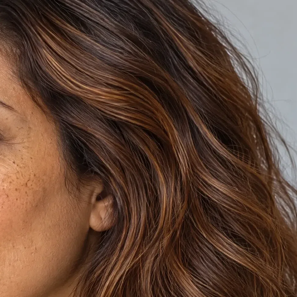 Golden chestnut hair with honey and caramel lights on a medium-complexion Warm Autumn