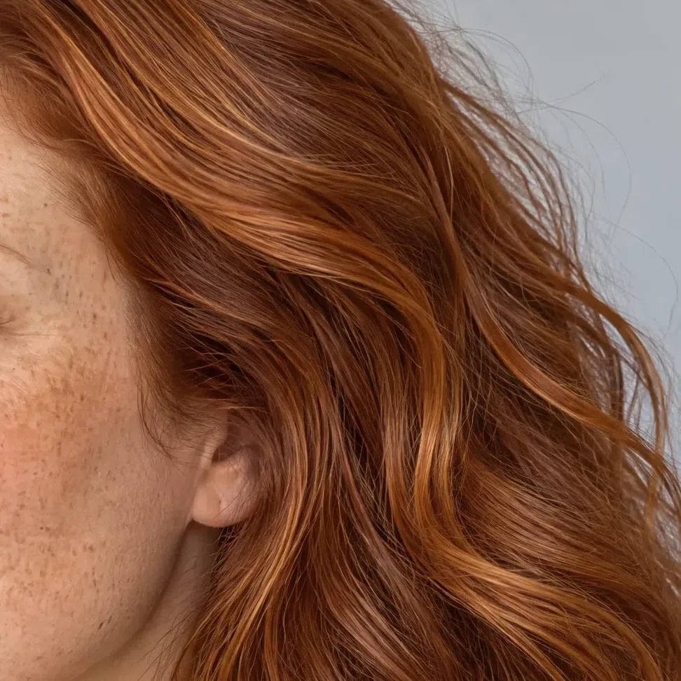 Bright natural copper red hair, orange-red with golden lights, on a fair Warm Autumn