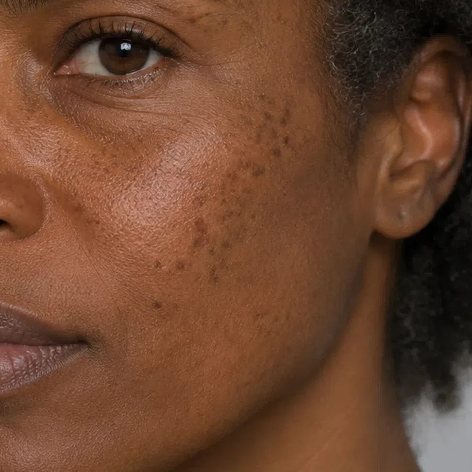 Copper-brown freckles scattered over the cheekbone of a deep bronze Warm Autumn
