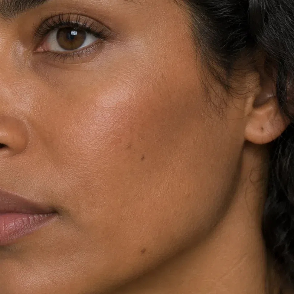Medium cheek and jaw in close-up, tanned an even golden bronze