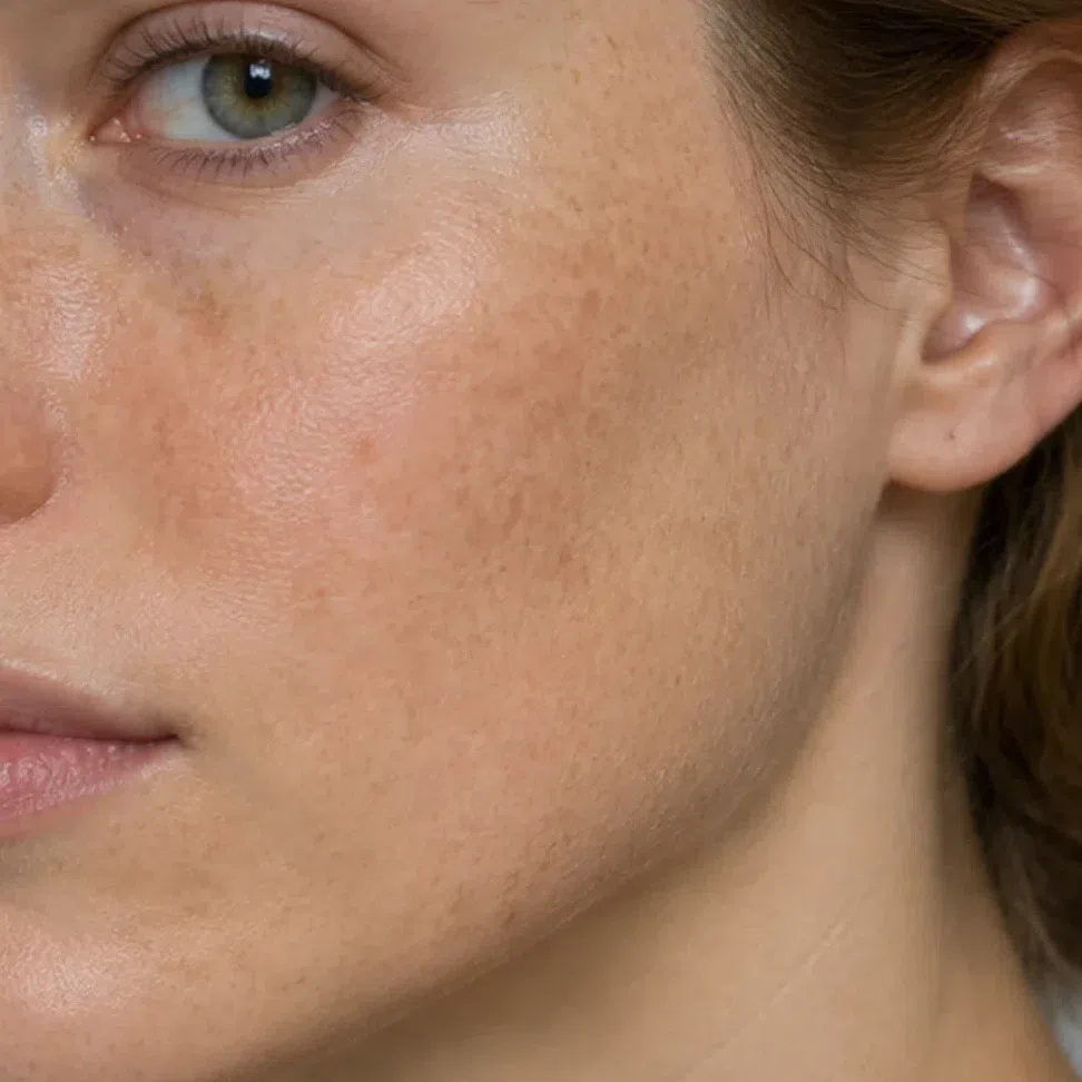 Fair ivory skin on a Warm Autumn with the golden undertone showing across cheek and jaw