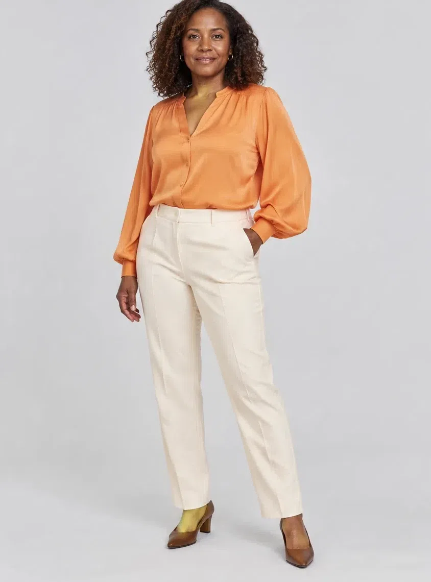 Cantaloupe silk blouse from a Warm Autumn capsule wardrobe, Deep complexion