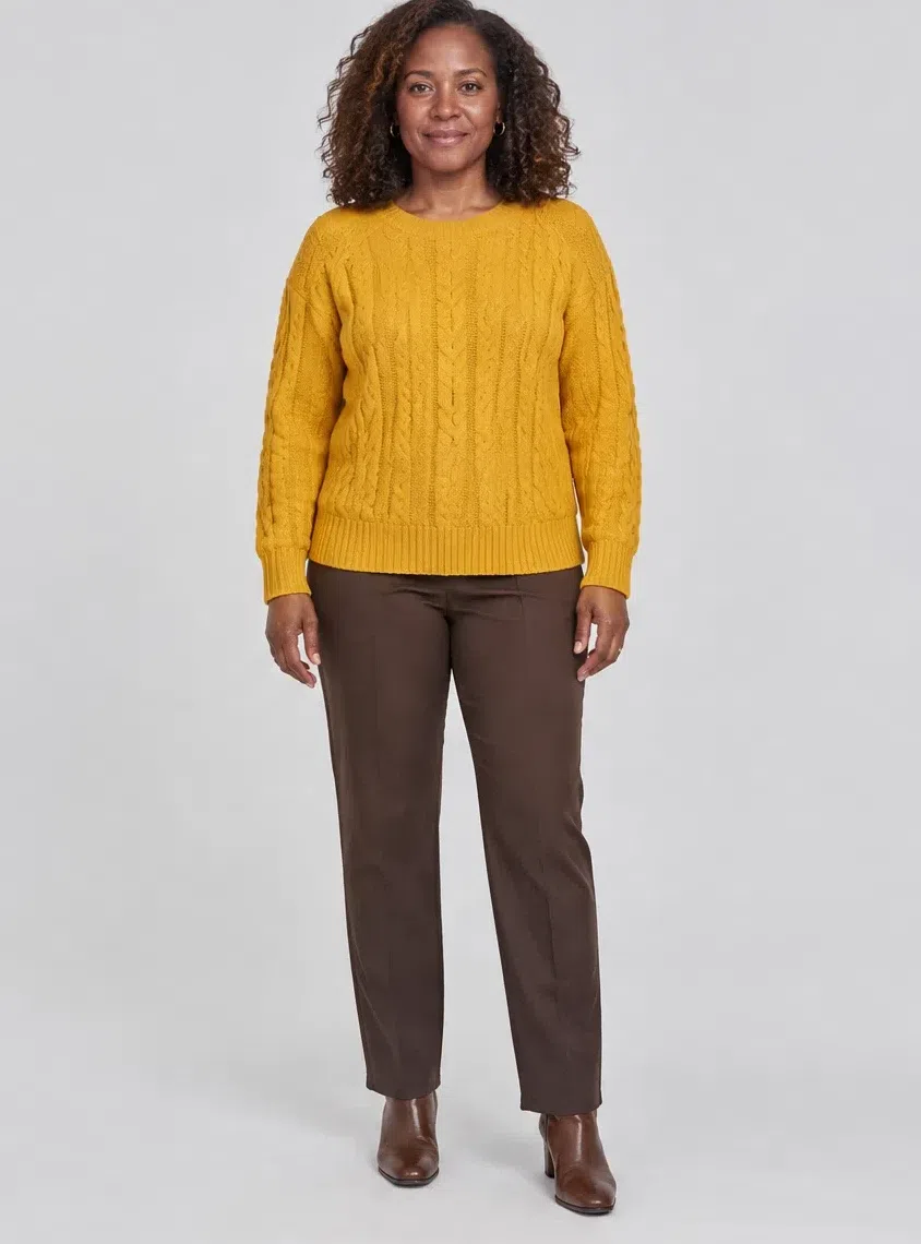 Mustard cable-knit sweater from a Warm Autumn capsule wardrobe, Deep complexion