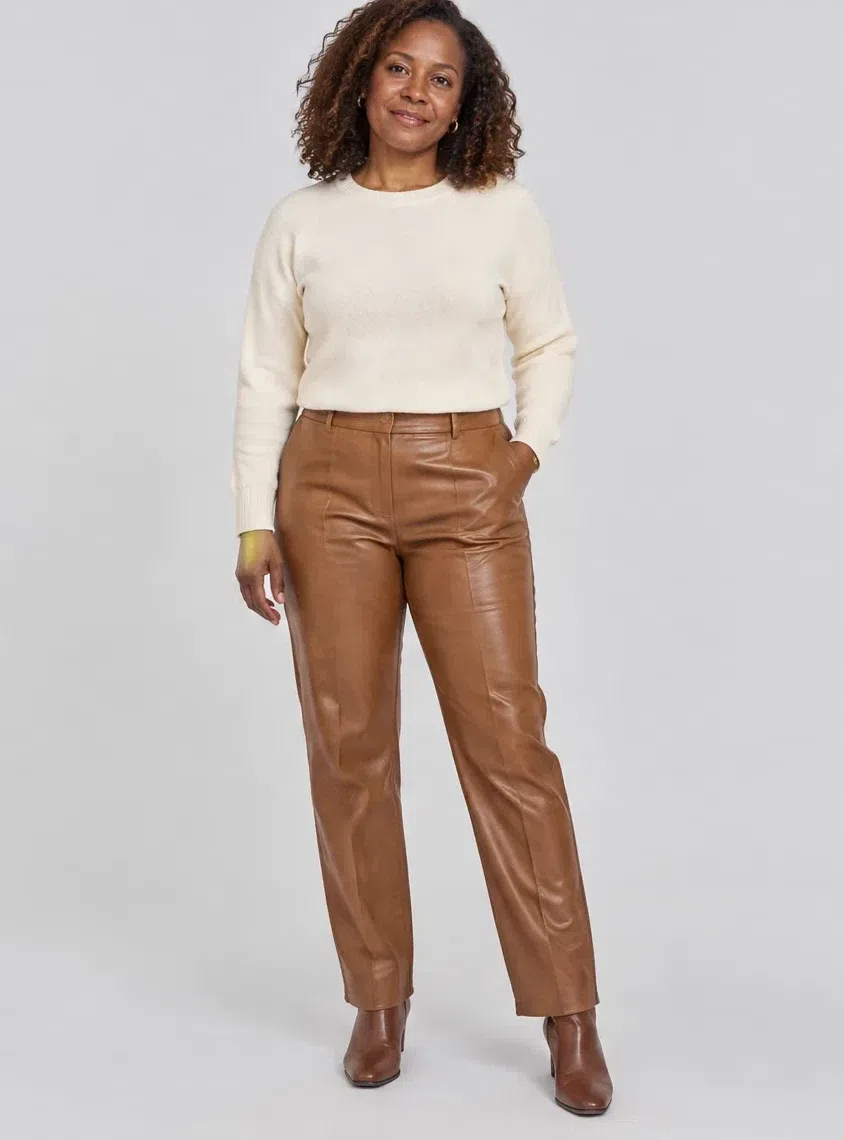Cinnamon leather trousers from a Warm Autumn capsule wardrobe, Deep complexion