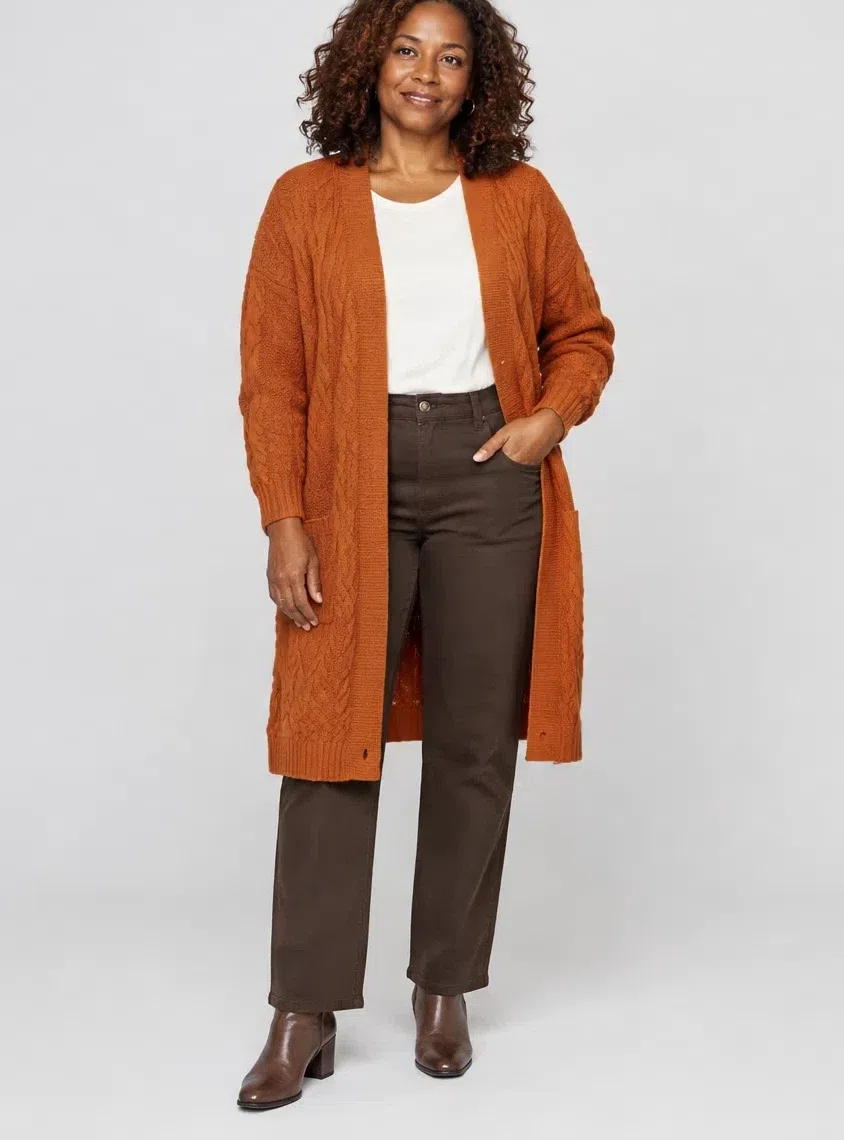 Rust chunky-knit cardigan from a Warm Autumn capsule wardrobe, Deep complexion