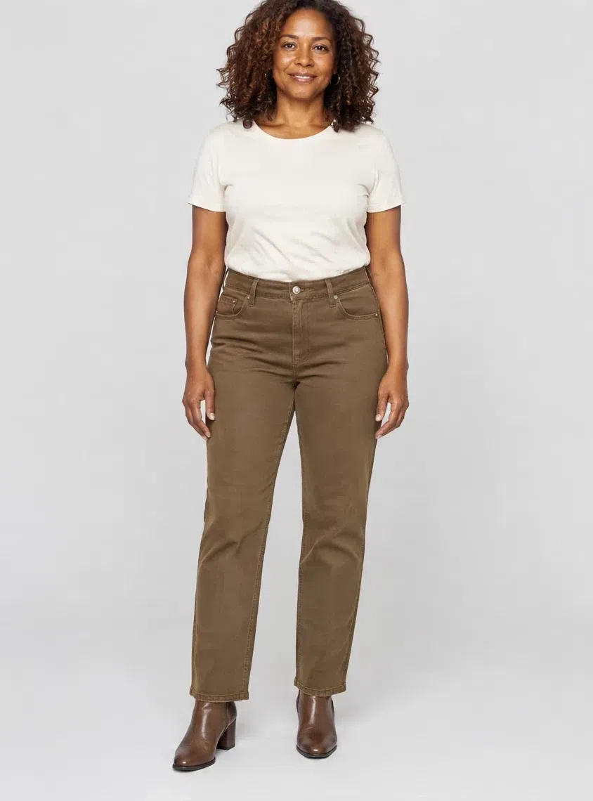 Olive brown straight jeans from a Warm Autumn capsule wardrobe, Deep complexion