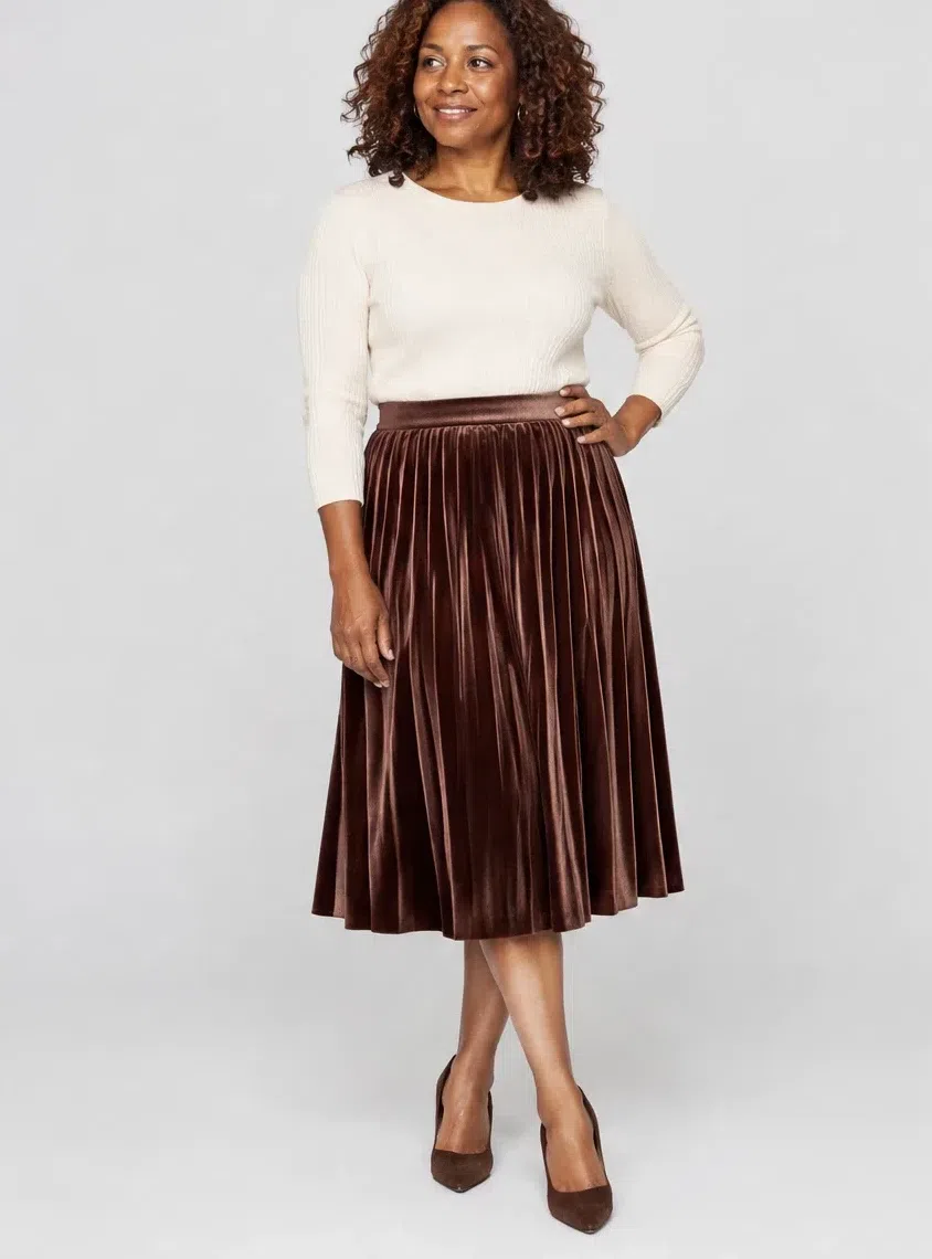 Redwood velvet midi skirt from a Warm Autumn capsule wardrobe, Deep complexion
