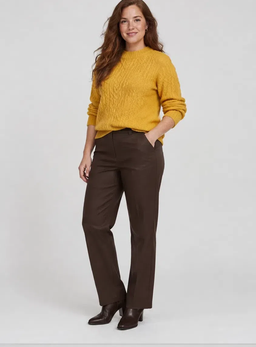 Mustard cable-knit sweater from a Warm Autumn capsule wardrobe, Fair complexion