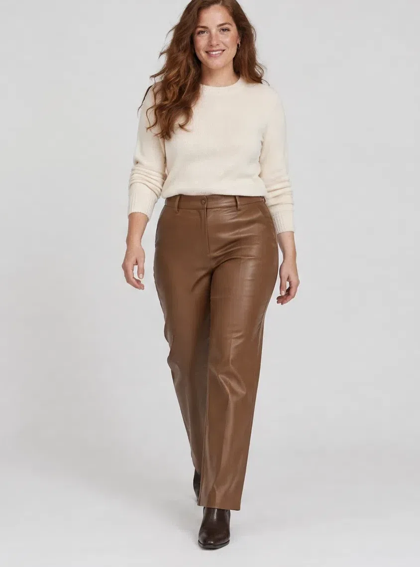 Cinnamon leather trousers from a Warm Autumn capsule wardrobe, Fair complexion
