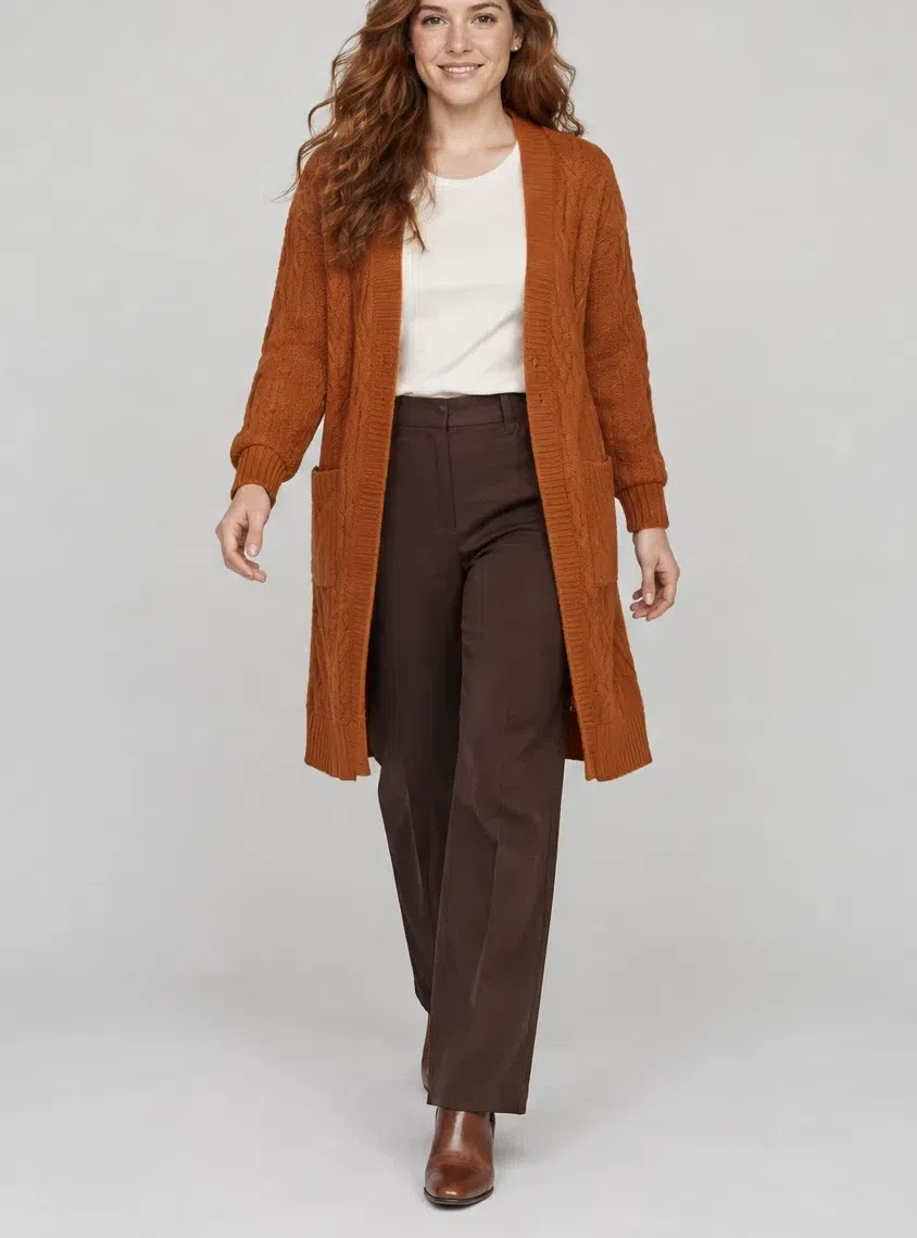 A fair Warm Autumn woman in a long rust knit cardigan over a cream top and brown trousers