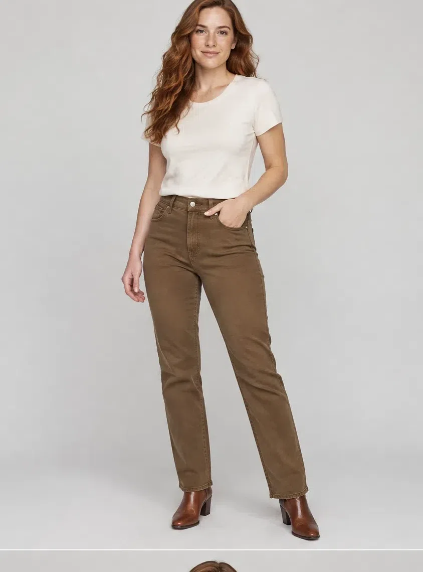 Olive brown straight jeans from a Warm Autumn capsule wardrobe, Fair complexion