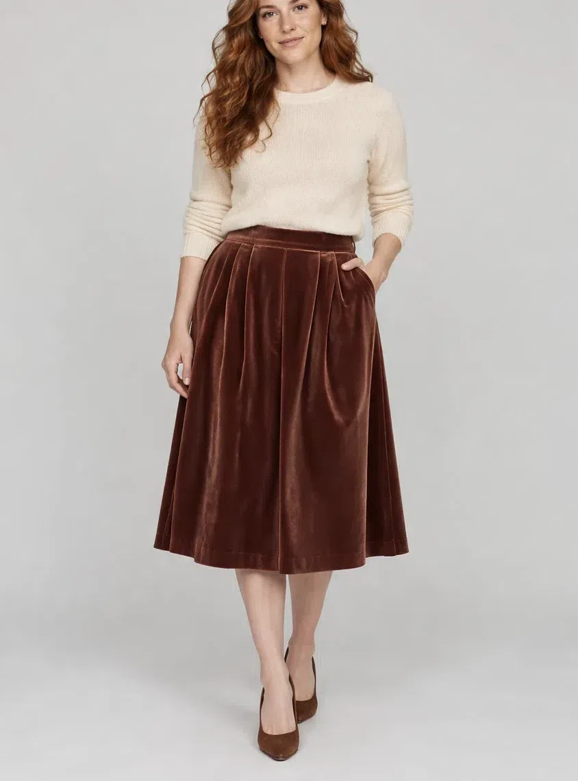 Redwood velvet midi skirt from a Warm Autumn capsule wardrobe, Fair complexion