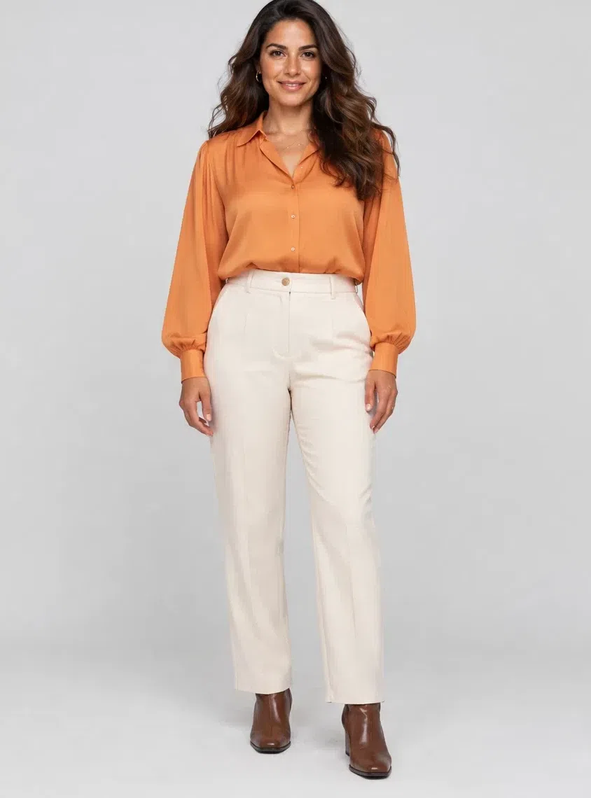 Cantaloupe silk blouse from a Warm Autumn capsule wardrobe, Medium complexion