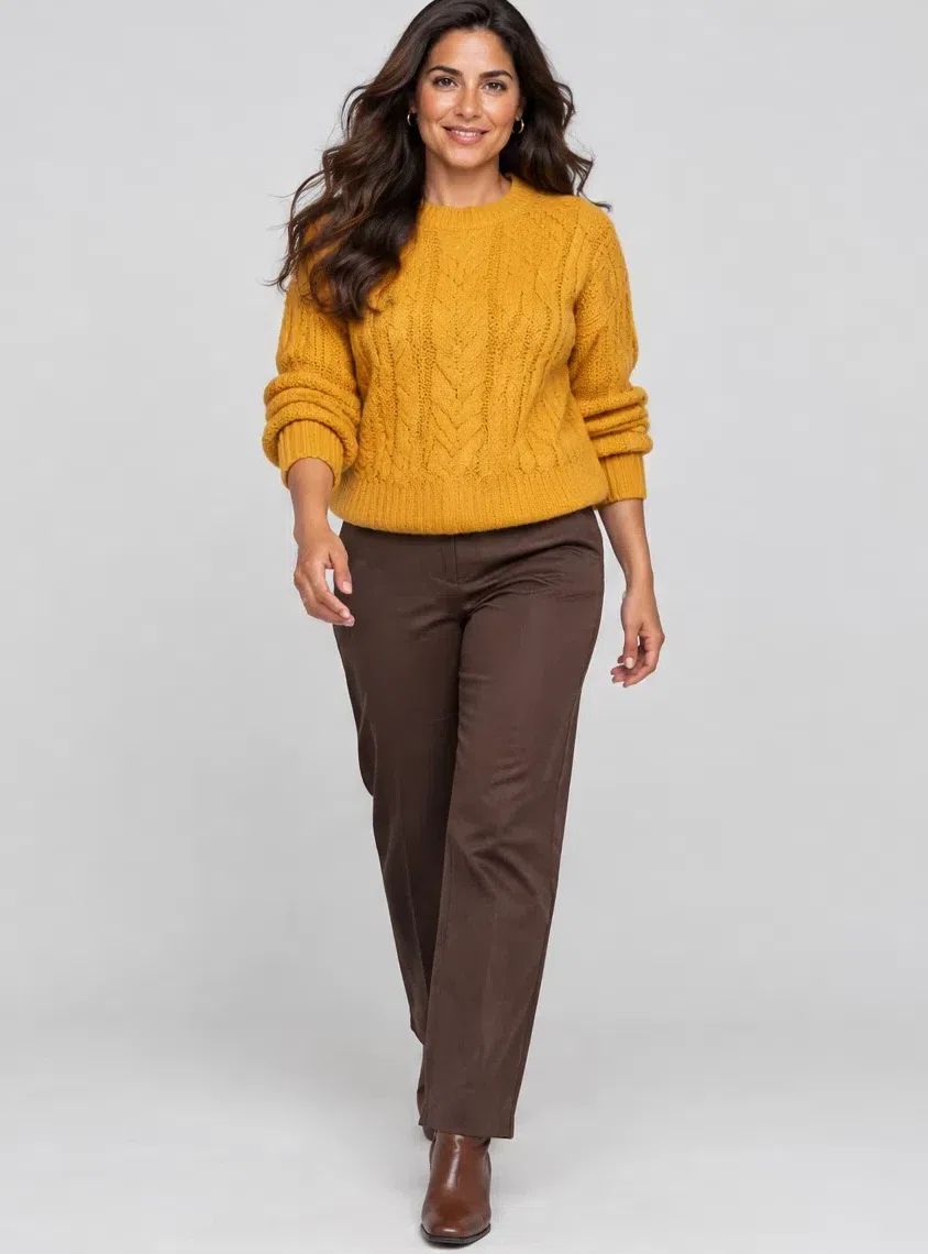 Mustard cable-knit sweater from a Warm Autumn capsule wardrobe, Medium complexion