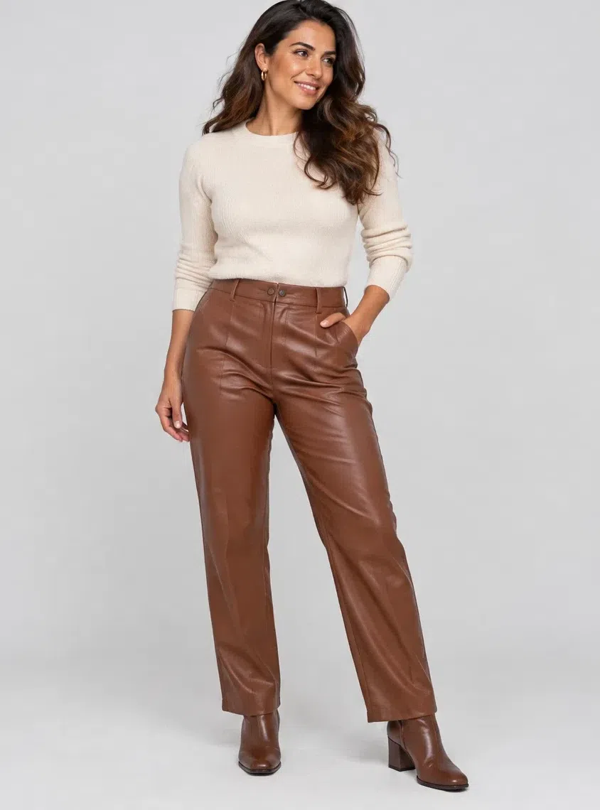 Cinnamon leather trousers from a Warm Autumn capsule wardrobe, Medium complexion