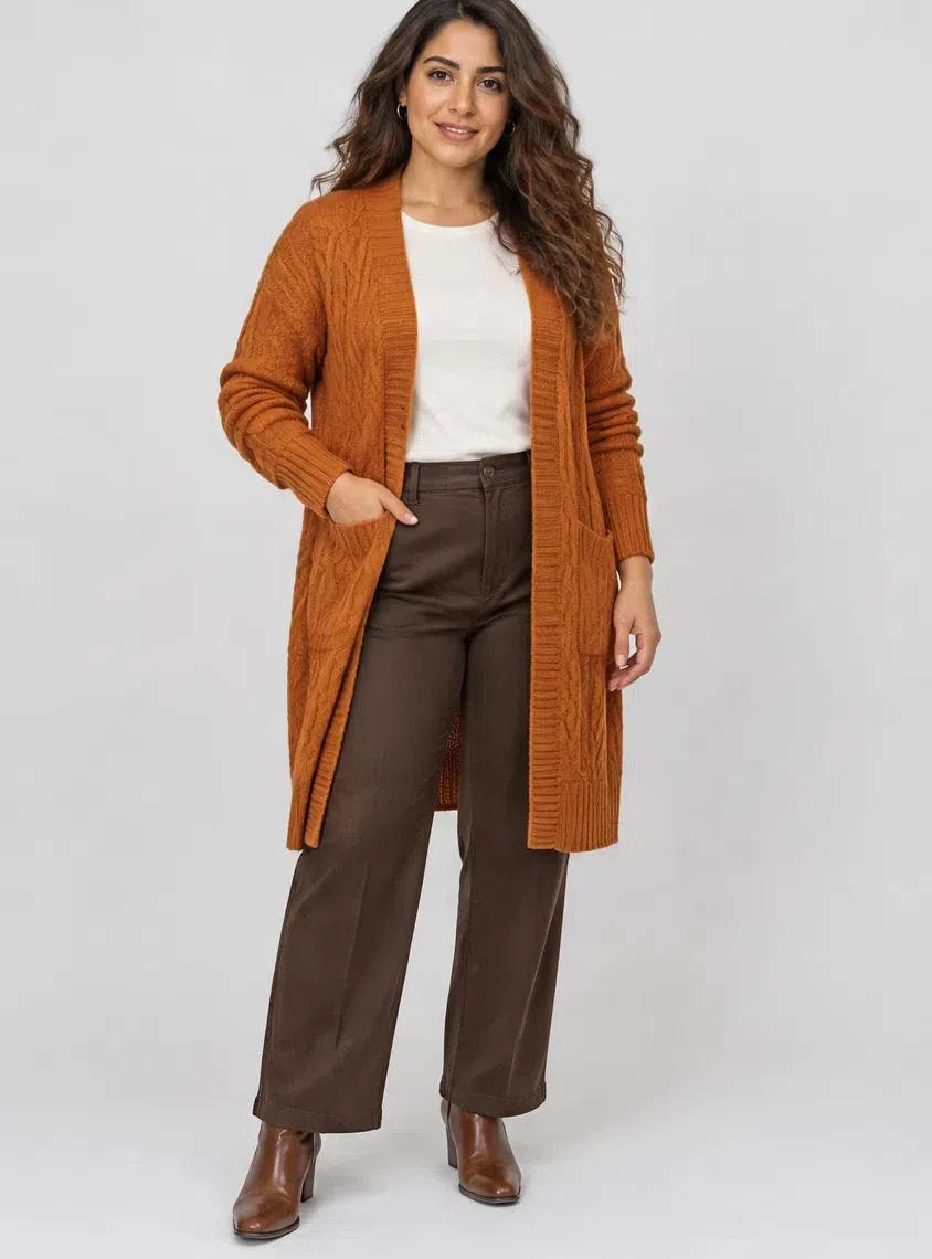 Rust chunky-knit cardigan from a Warm Autumn capsule wardrobe, Medium complexion