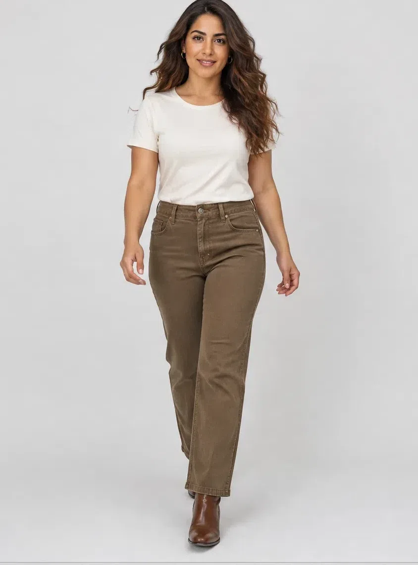 Olive brown straight jeans from a Warm Autumn capsule wardrobe, Medium complexion