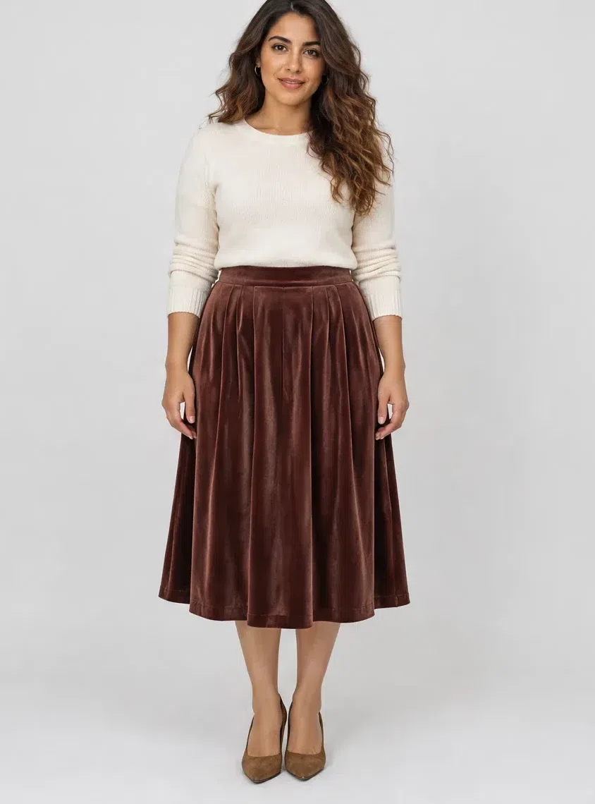 Redwood velvet midi skirt from a Warm Autumn capsule wardrobe, Medium complexion