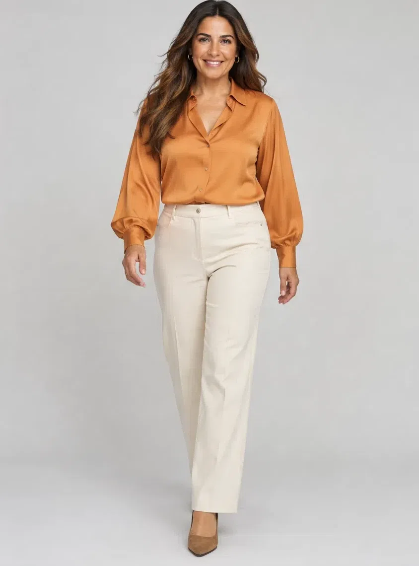 Cantaloupe silk blouse from a Warm Autumn capsule wardrobe, Light complexion