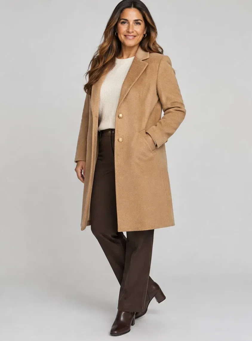 Camel wool coat from a Warm Autumn capsule wardrobe, Light complexion
