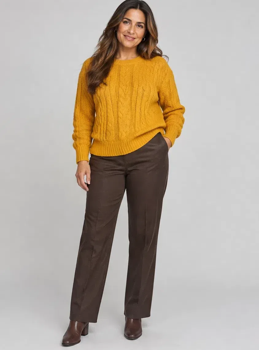 Mustard cable-knit sweater from a Warm Autumn capsule wardrobe, Light complexion