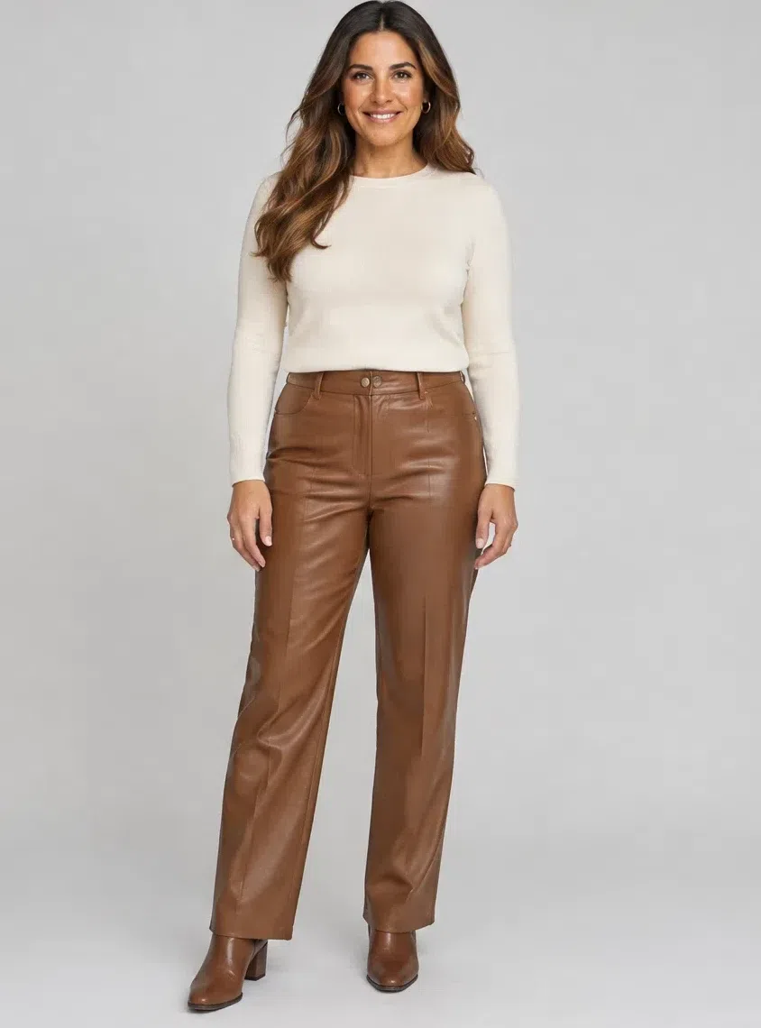 Cinnamon leather trousers from a Warm Autumn capsule wardrobe, Light complexion