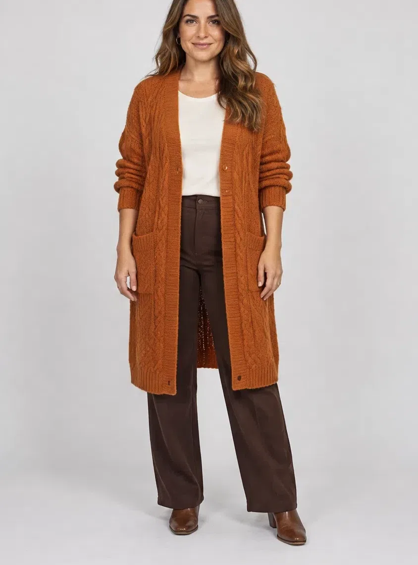Rust chunky-knit cardigan from a Warm Autumn capsule wardrobe, Light complexion