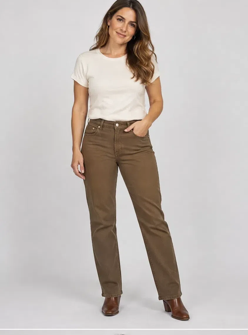 Olive brown straight jeans from a Warm Autumn capsule wardrobe, Light complexion