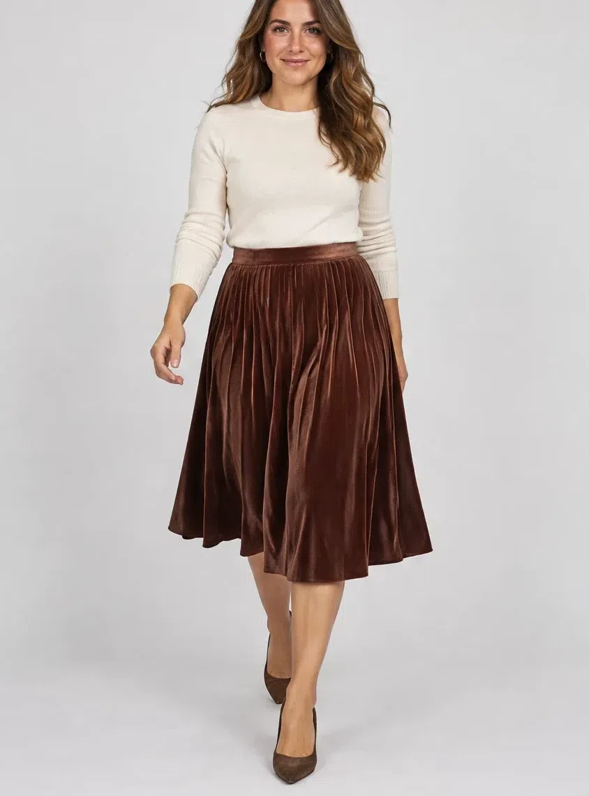 Redwood velvet midi skirt from a Warm Autumn capsule wardrobe, Light complexion