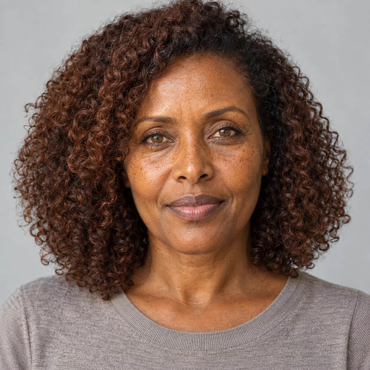 A Warm Autumn woman with deep brown skin, auburn-brown curls and amber-flecked eyes, in a plain light top