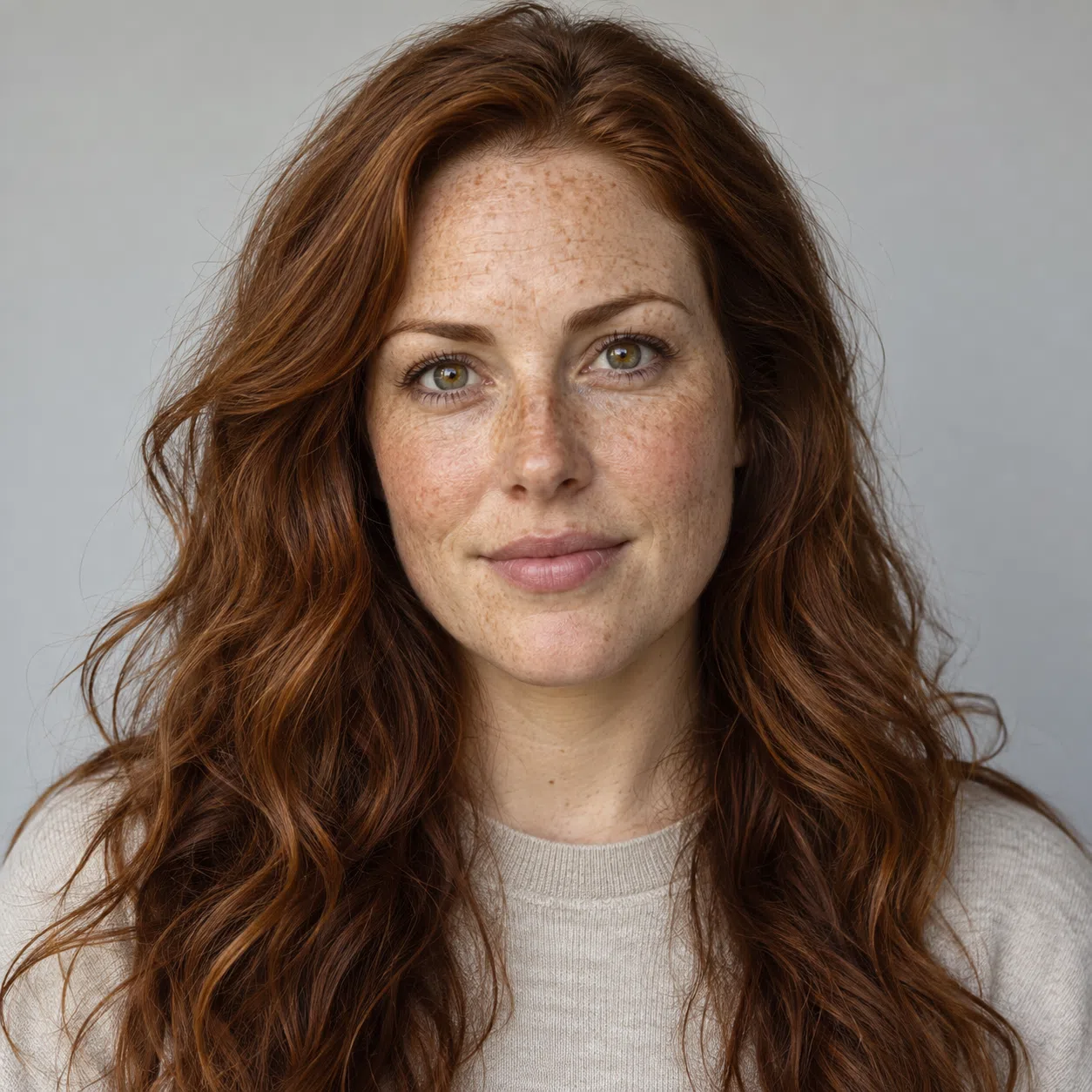 A fair Warm Autumn woman with copper-red hair, freckles and green-hazel eyes, wearing a light crew-neck