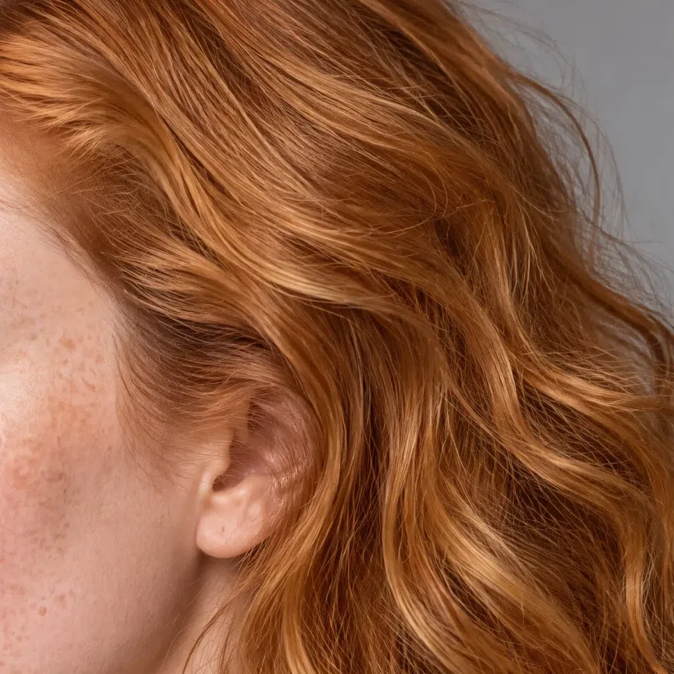 Golden copper waves beside a fair, freckled face