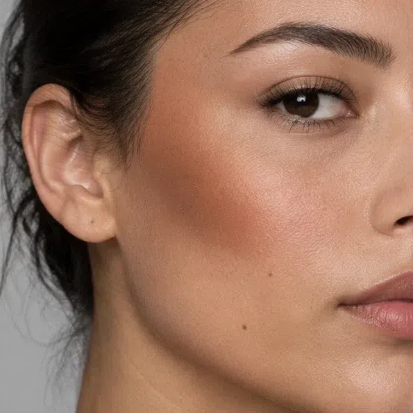 Warm golden-brown bronzer on a golden-beige complexion