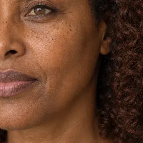Warm cocoa foundation with a golden-red undertone on deep brown skin