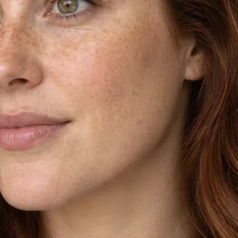 Fair, freckled jaw and cheek in close-up with a warm ivory base applied