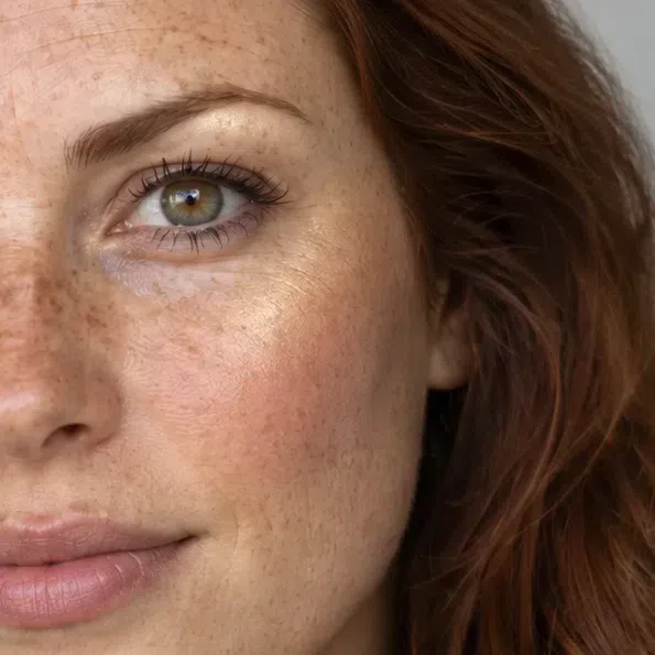 Golden champagne highlighter on the cheekbone of a fair Warm Autumn