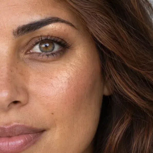 Peach pearl highlighter on medium golden-bronze skin
