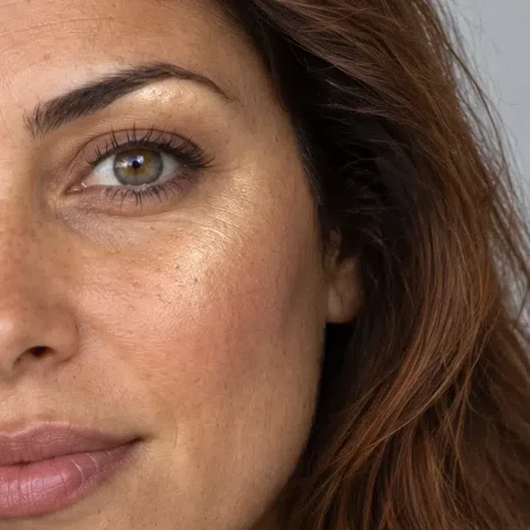 Warm gold highlighter on a golden-beige cheekbone
