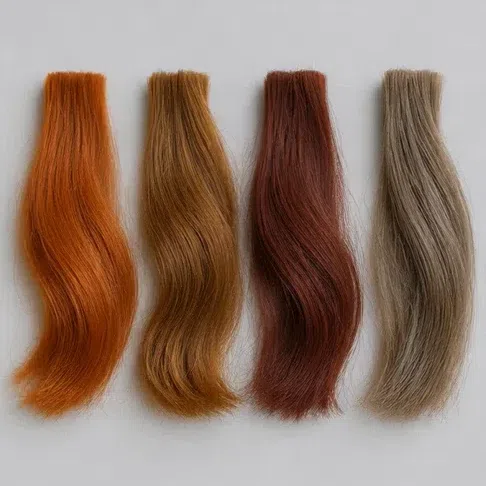 Copper, golden chestnut and auburn hair swatches in a row, with an ash light brown at the end