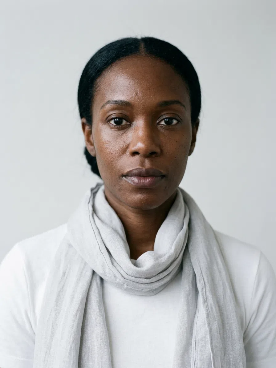 Winter try-on model wearing each accent as a scarf, her top left optic white in Ruby