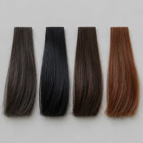 Three cool dark hair swatches - ash brown, blue-black, dark chocolate - and a warm copper one at the end