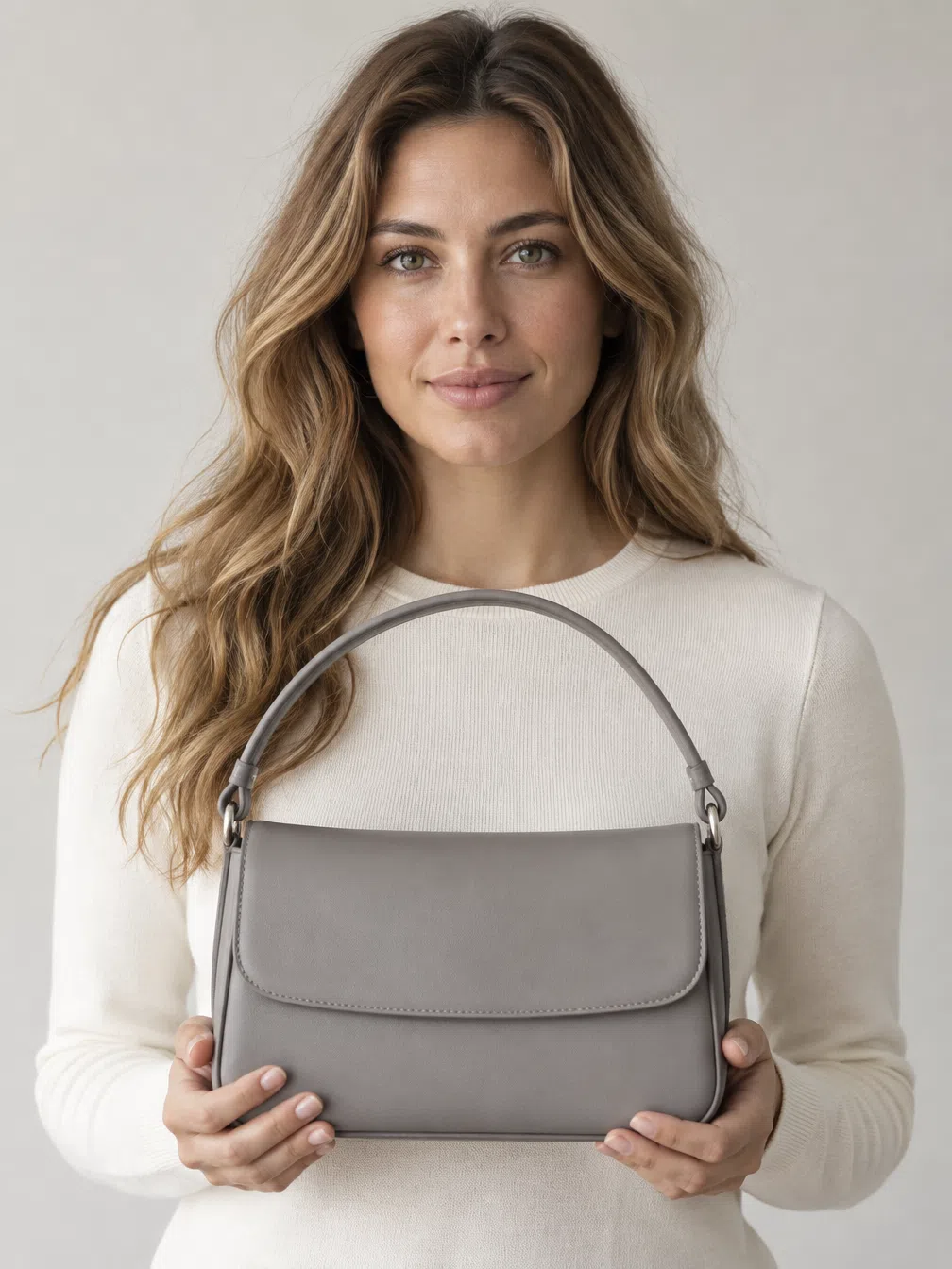 A structured leather bag recolored through Warm Spring accents over a neutral knit