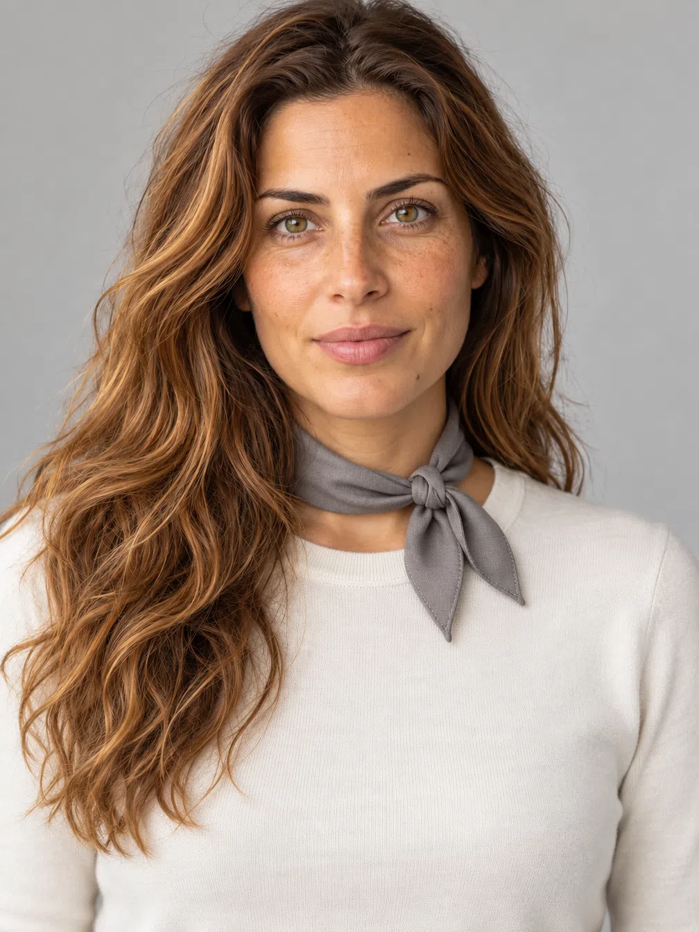 A small silk kerchief recolored through Warm Spring shades at the neck