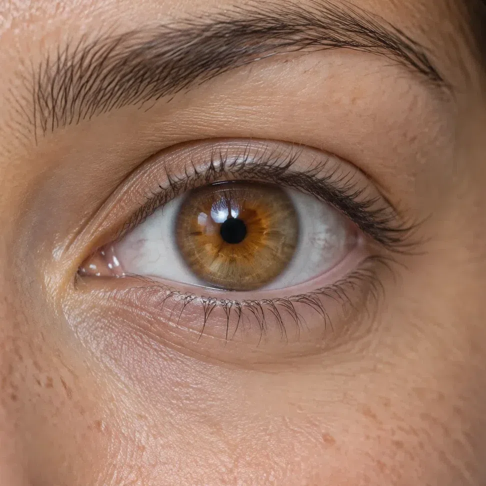 Macro of a transparent amber iris in golden-tan skin