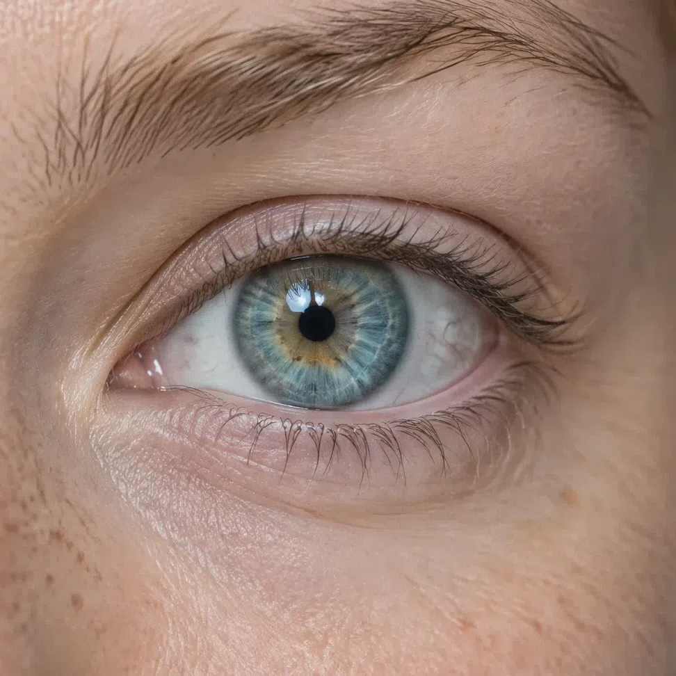A light aquamarine Warm Spring iris with a wide gold ring circling the pupil