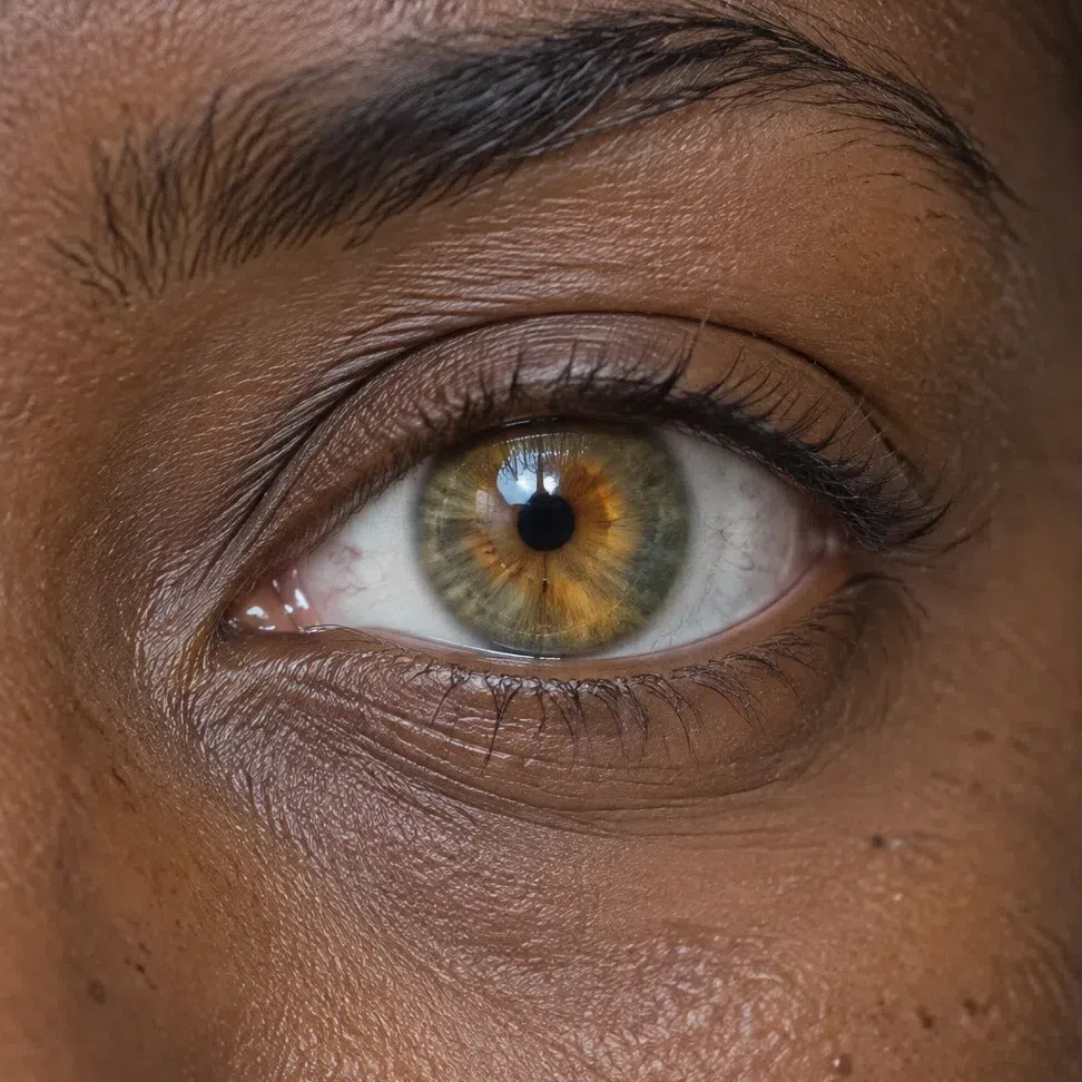 A hazel Warm Spring iris, gold at the middle and olive green at the rim, against deep brown skin